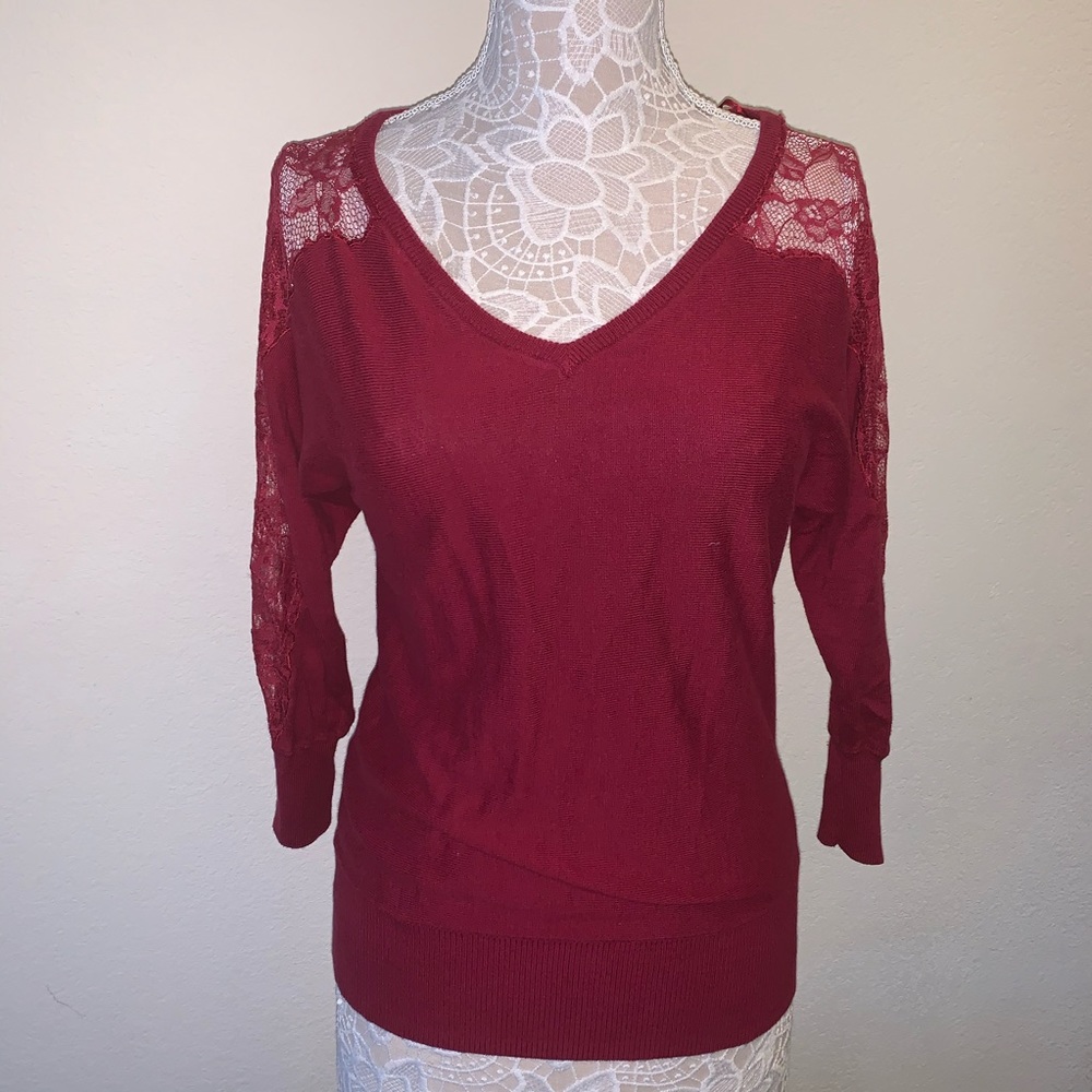 LC Lauren Conrad Lace Embroidered Maroon Sweater